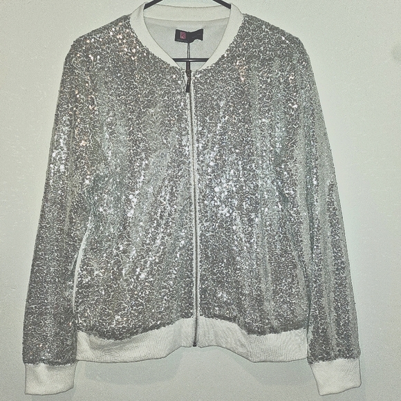 KANCY KOLE Silver Sequin Casual Long Sleeve Party Bomber Jacket Size Large NWT!! - Picture 4 of 7